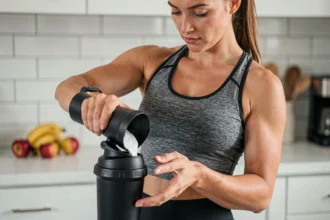 Femme sportive préparant une shaker de whey protéine dans une cuisine moderne pour accompagner son régime minceur