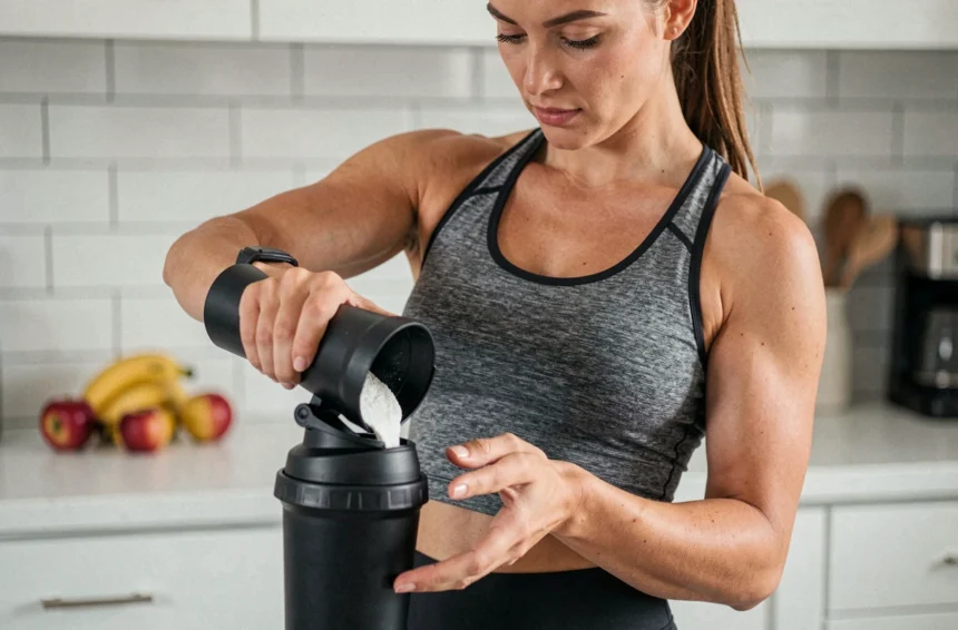Femme sportive préparant une shaker de whey protéine dans une cuisine moderne pour accompagner son régime minceur
