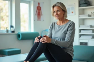 Femme en rééducation tenant son genou douloureux lors d'une séance de kinésithérapie pour algodystrophie