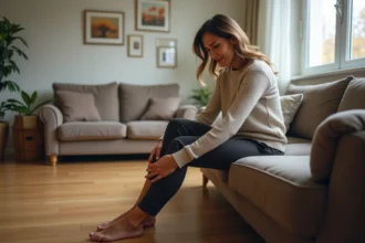 Femme assise se massant le mollet dans son salon