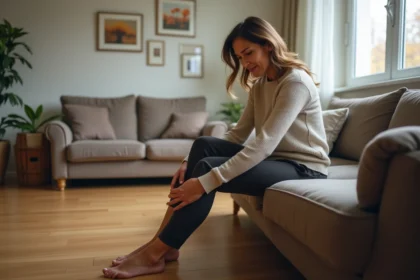 Femme assise se massant le mollet dans son salon