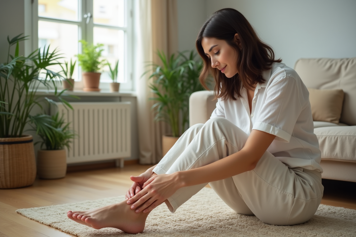 Femme détendue pratiquant la réflexologie chez elle