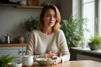Femme d'âge moyen dans cuisine moderne après repas