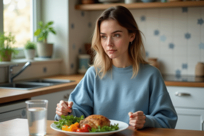 Jeune femme en cuisine avec repas sain et lumineux