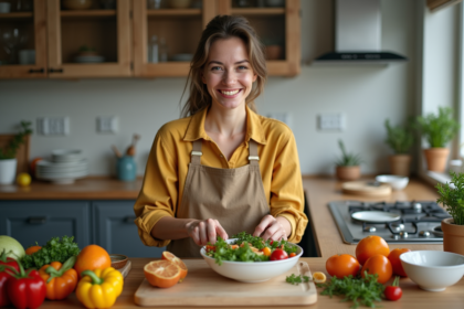 Femme souriante préparant une salade colorée dans une cuisine moderne