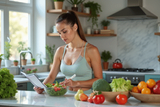 Femme en cuisine préparant une salade saine et équilibrée