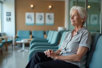 Femme d'environ 60 ans dans une salle d'attente moderne pour PET