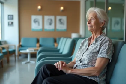 Femme d'environ 60 ans dans une salle d'attente moderne pour PET