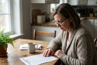 Femme d'âge moyen lisant son contrat d'assurance santé