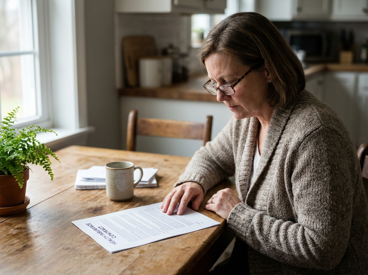 Femme d'âge moyen lisant son contrat d'assurance santé