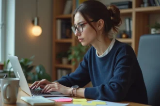 Femme sceptique consultant des avis en ligne sur son ordinateur portable dans un bureau à domicile