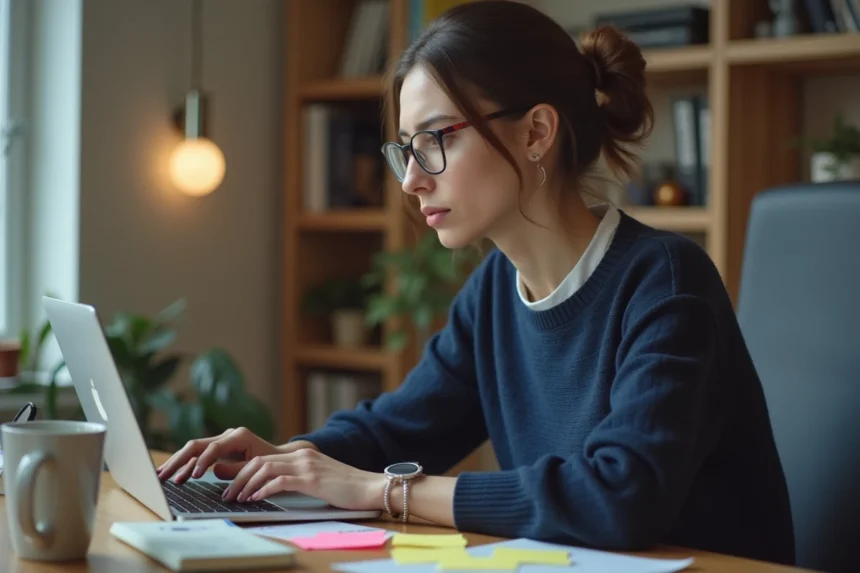 Femme sceptique consultant des avis en ligne sur son ordinateur portable dans un bureau à domicile