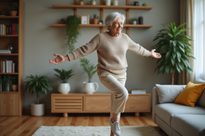 Femme âgée en équilibre dans son salon confortable