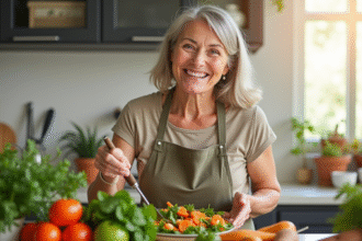Femme senior souriante préparant une salade colorée avec carottes et épinards