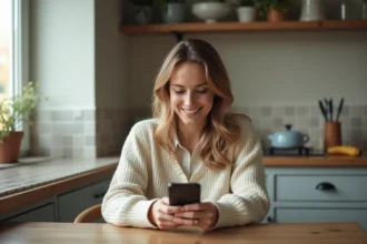 Femme souriante utilisant son smartphone dans la cuisine