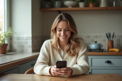 Femme souriante utilisant son smartphone dans la cuisine