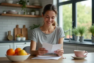 Femme souriante lisant instructions de supplément dans une cuisine moderne