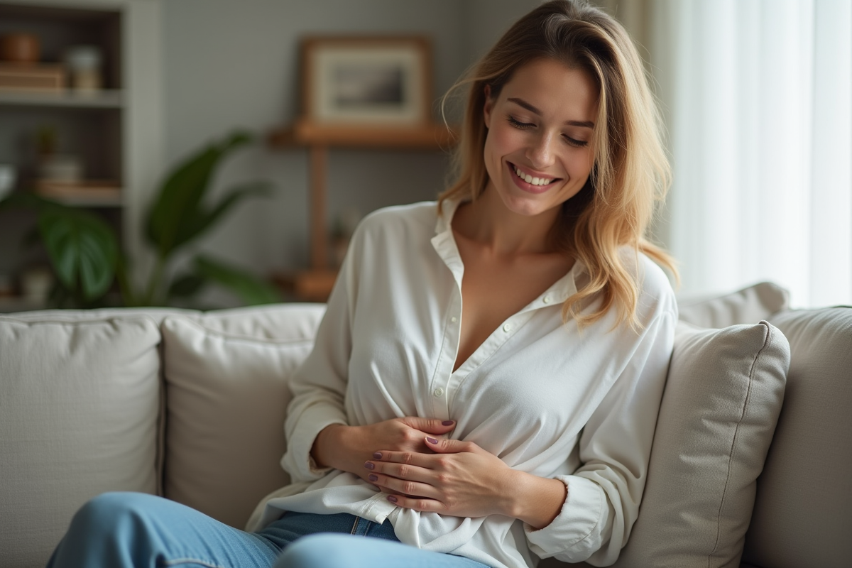 Femme souriante assise sur un canapé en position de grossesse