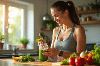 Femme souriante préparant un smoothie vert dans une cuisine lumineuse
