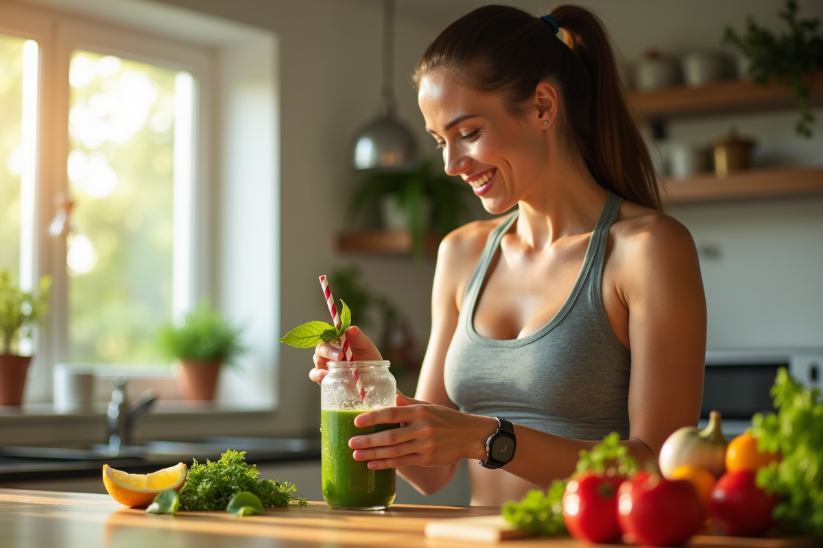 Femme souriante préparant un smoothie vert dans une cuisine lumineuse