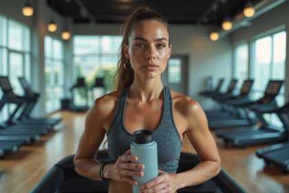 Femme sportive en salle avec bouteille d'eau et transpiration