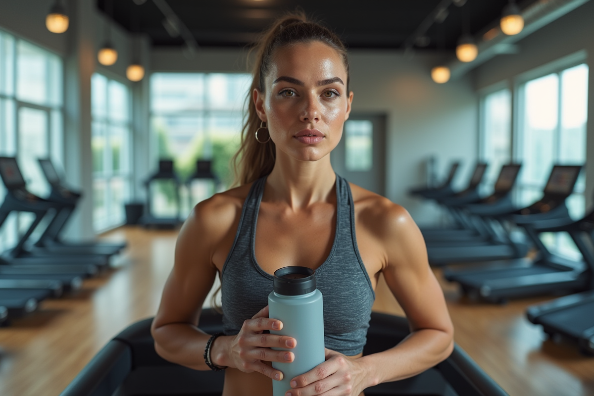 Femme sportive en salle avec bouteille d'eau et transpiration