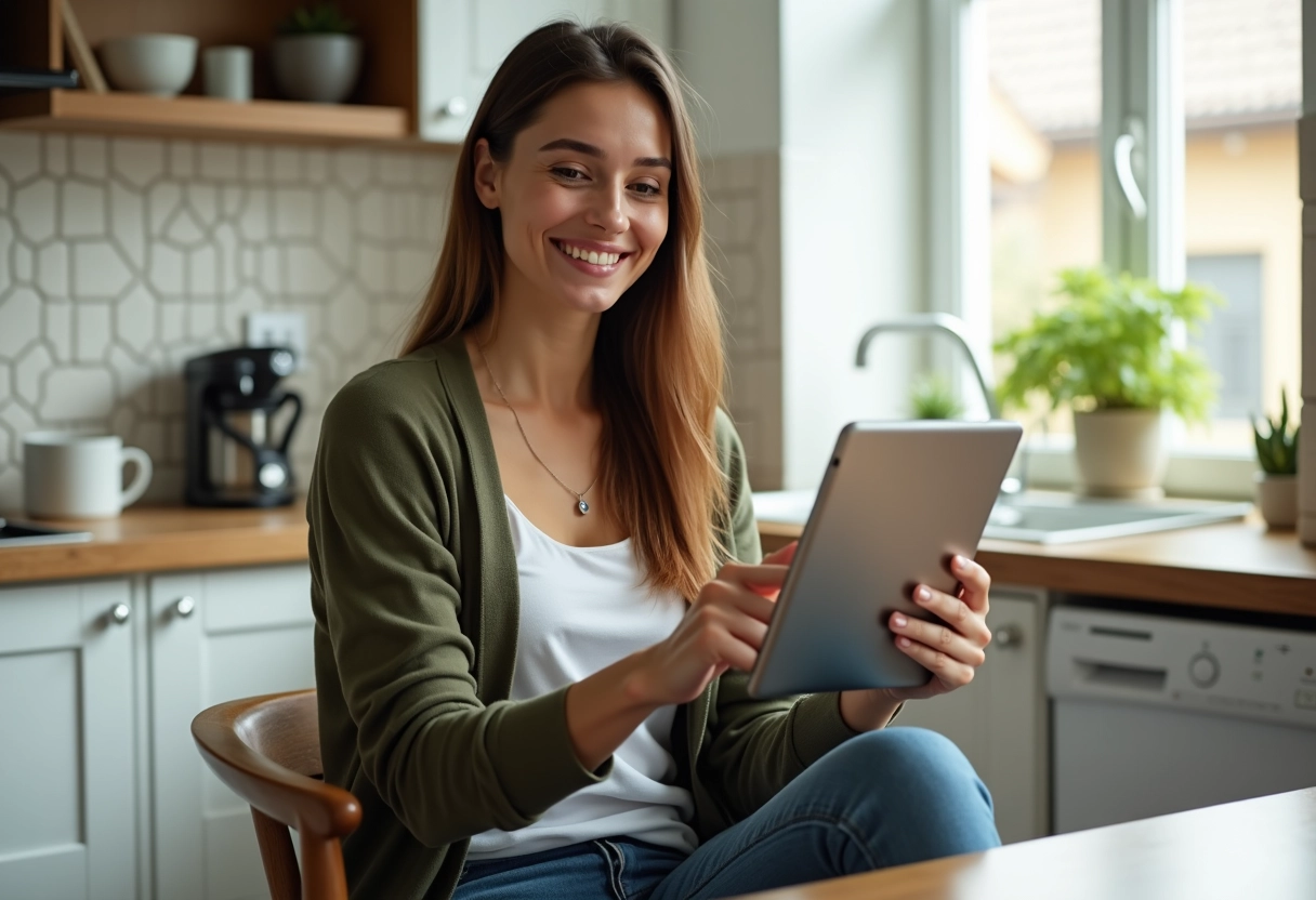 Femme souriante utilisant une tablette dans la cuisine