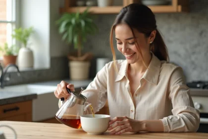 Femme versant du rooibos dans une tasse en cuisine lumineuse