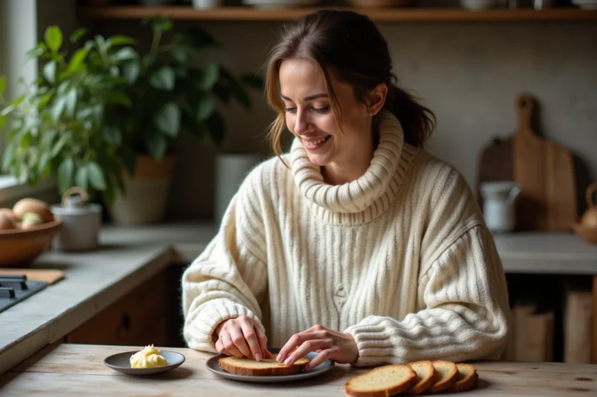 Femme préparant des tranches de pain artisanal dans une cuisine chaleureuse
