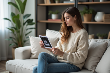 Jeune femme regardant une échographie dans un salon calme