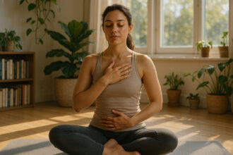 Femme faisant du yoga chez elle en pleine concentration