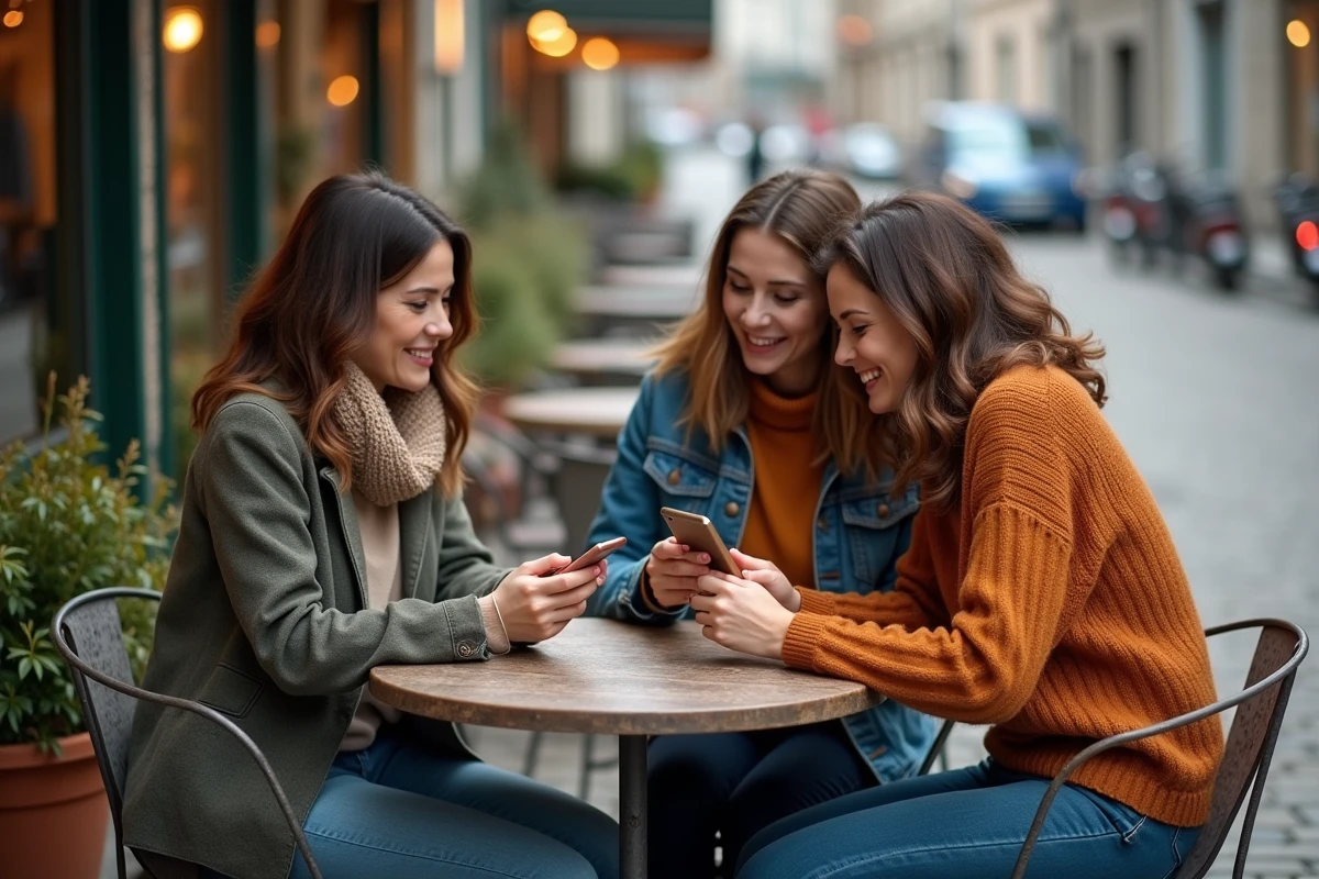 Groupe de femmes comparant des avis utilisatrices sur une cure bien-être en terrasse de café
