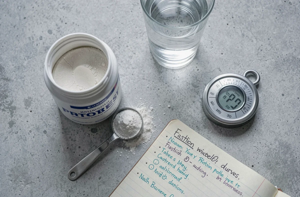 Flat lay minimaliste avec whey protéine, minuteur de jeûne intermittent et notes nutritionnelles sur surface en béton