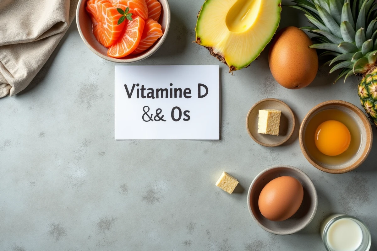 Vue aérienne d'aliments riches en vitamine D pour la santé des os incluant saumon, œufs, tofu et fruits tropicaux sur ardoise grise