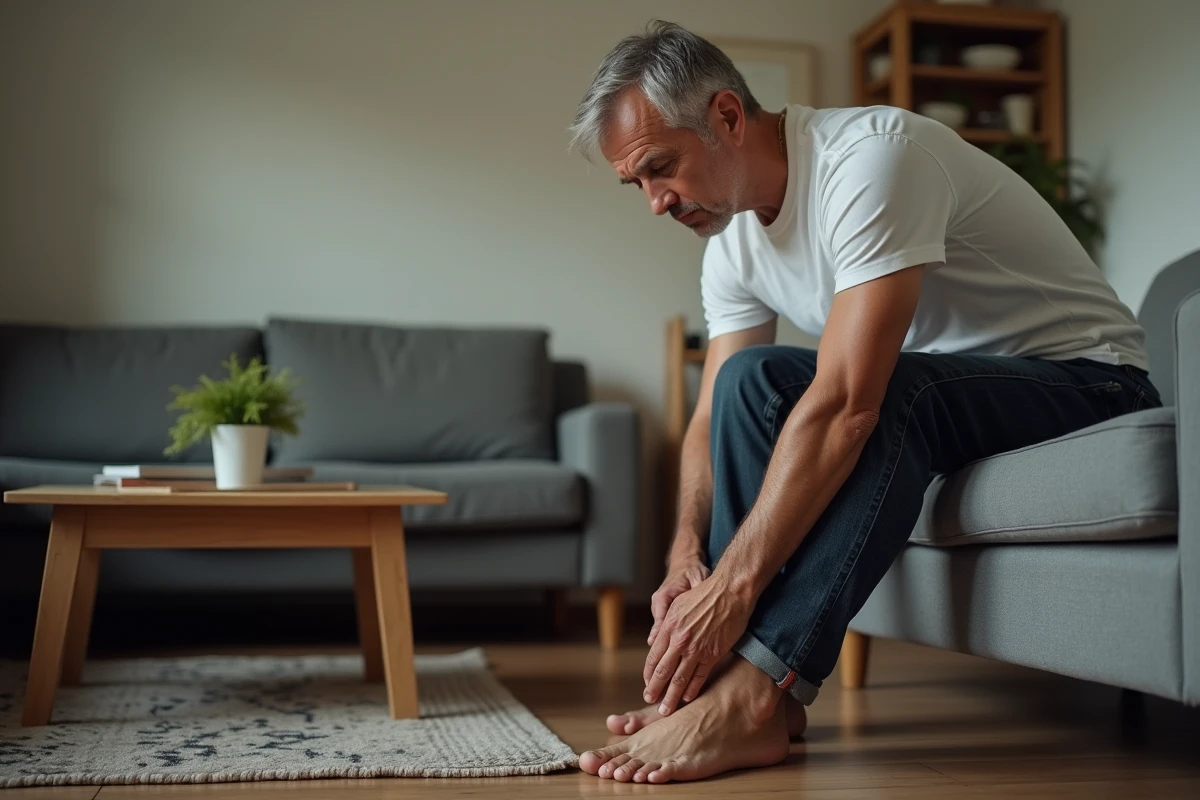 Homme se massant le pied sur un canapé, illustrant les fourmillements dans les pieds causés par de mauvaises habitudes quotidiennes