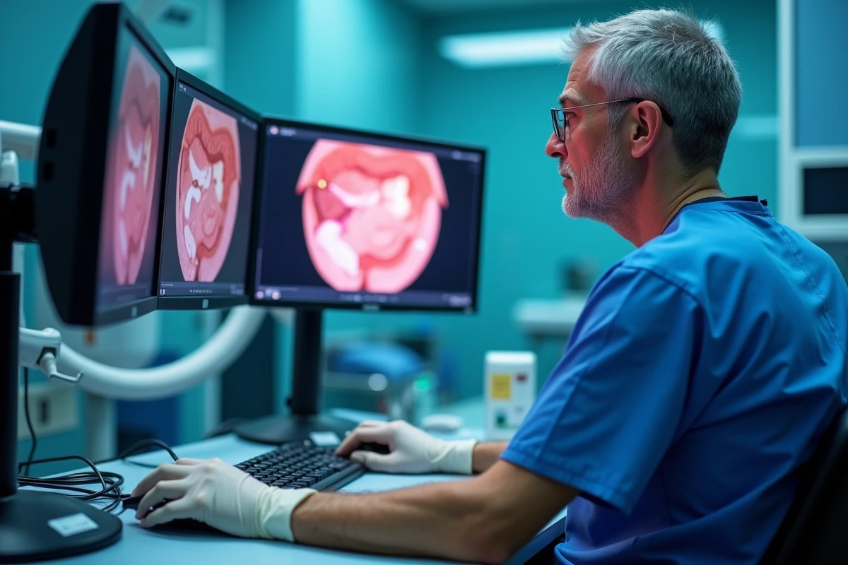 Gastro-entérologue masculin analysant des images de coloscopie sur double écran dans une salle d'endoscopie hospitalière