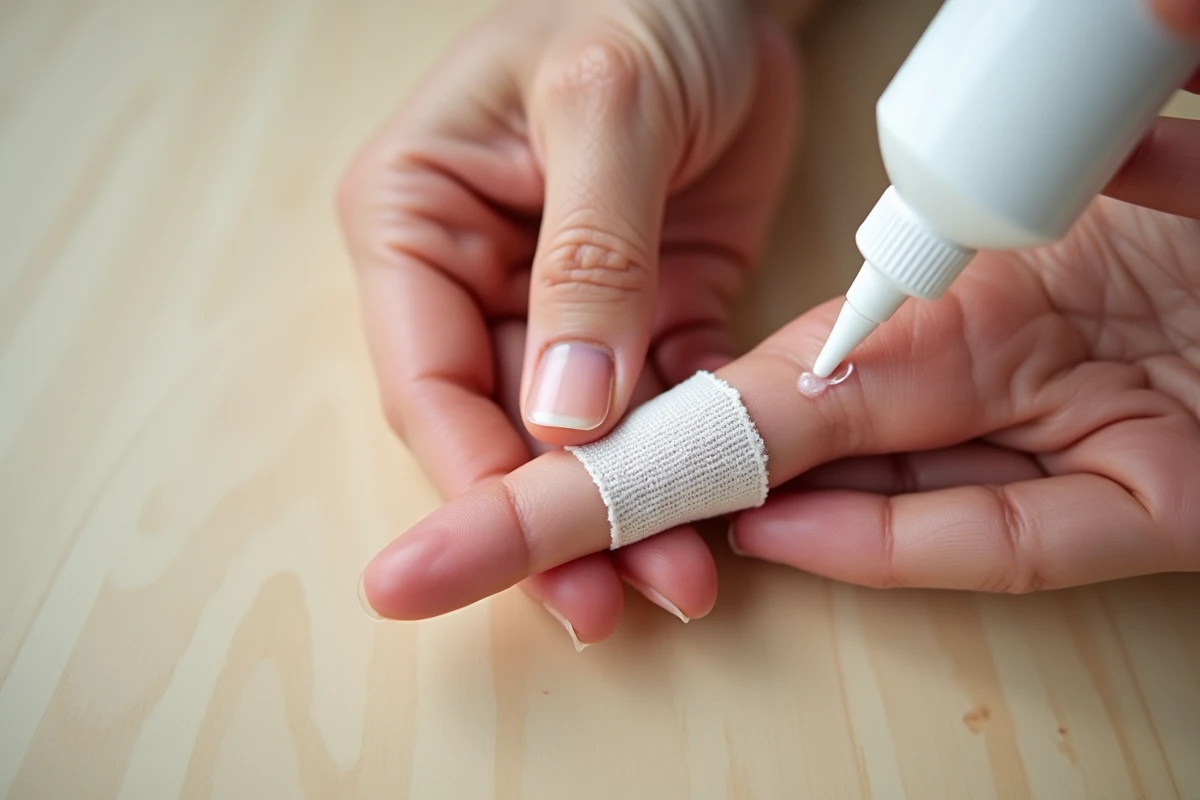 Application de gel apaisant sur un doigt brûlé partiellement recouvert d'un pansement stérile