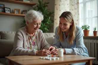 Personne âgée recevant des soins à domicile avec un professionnel de santé