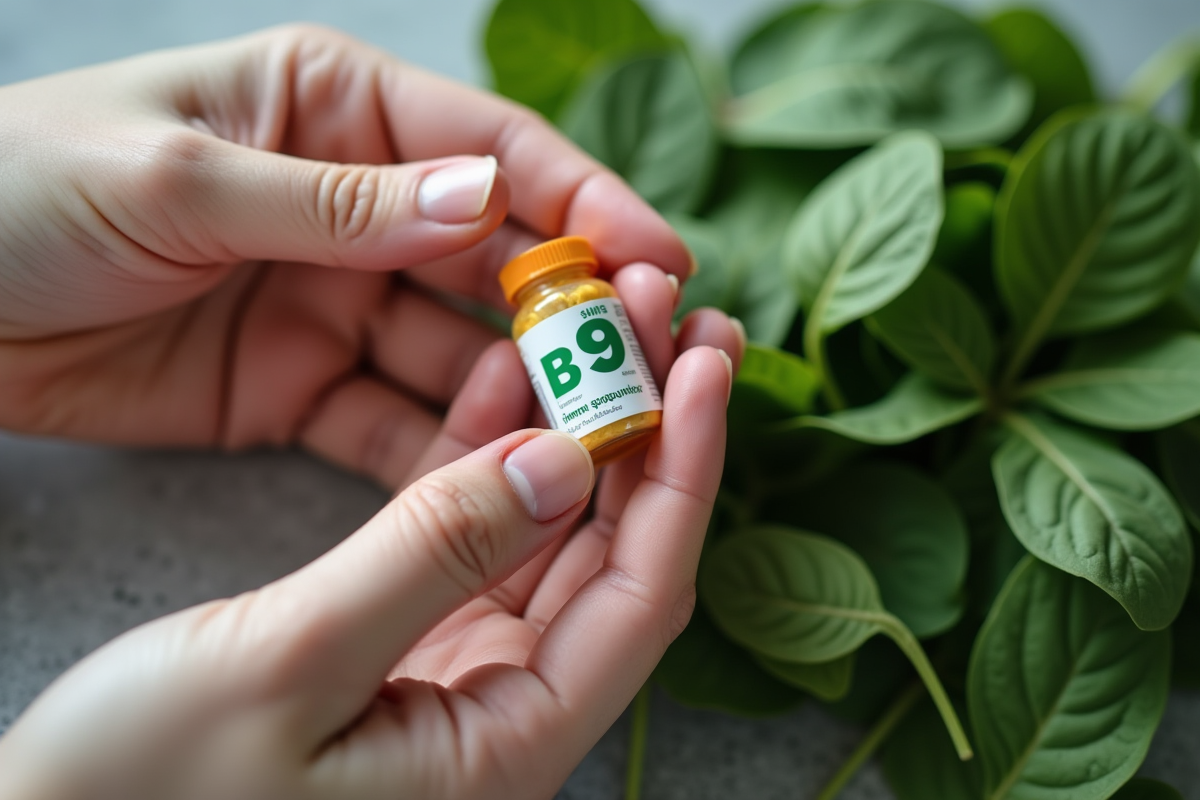 Gomme vitamine B9 avec épinards frais en gros plan