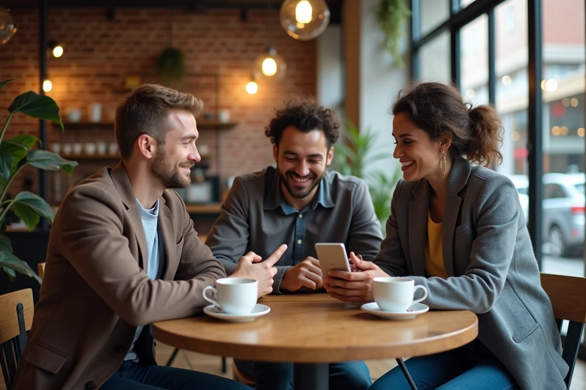 Groupe de personnes débattant d'avis en ligne autour d'un café dans un coffee shop urbain