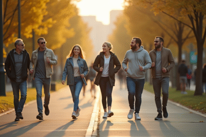 Groupe de personnes marchant dans un parc urbain ensoleille