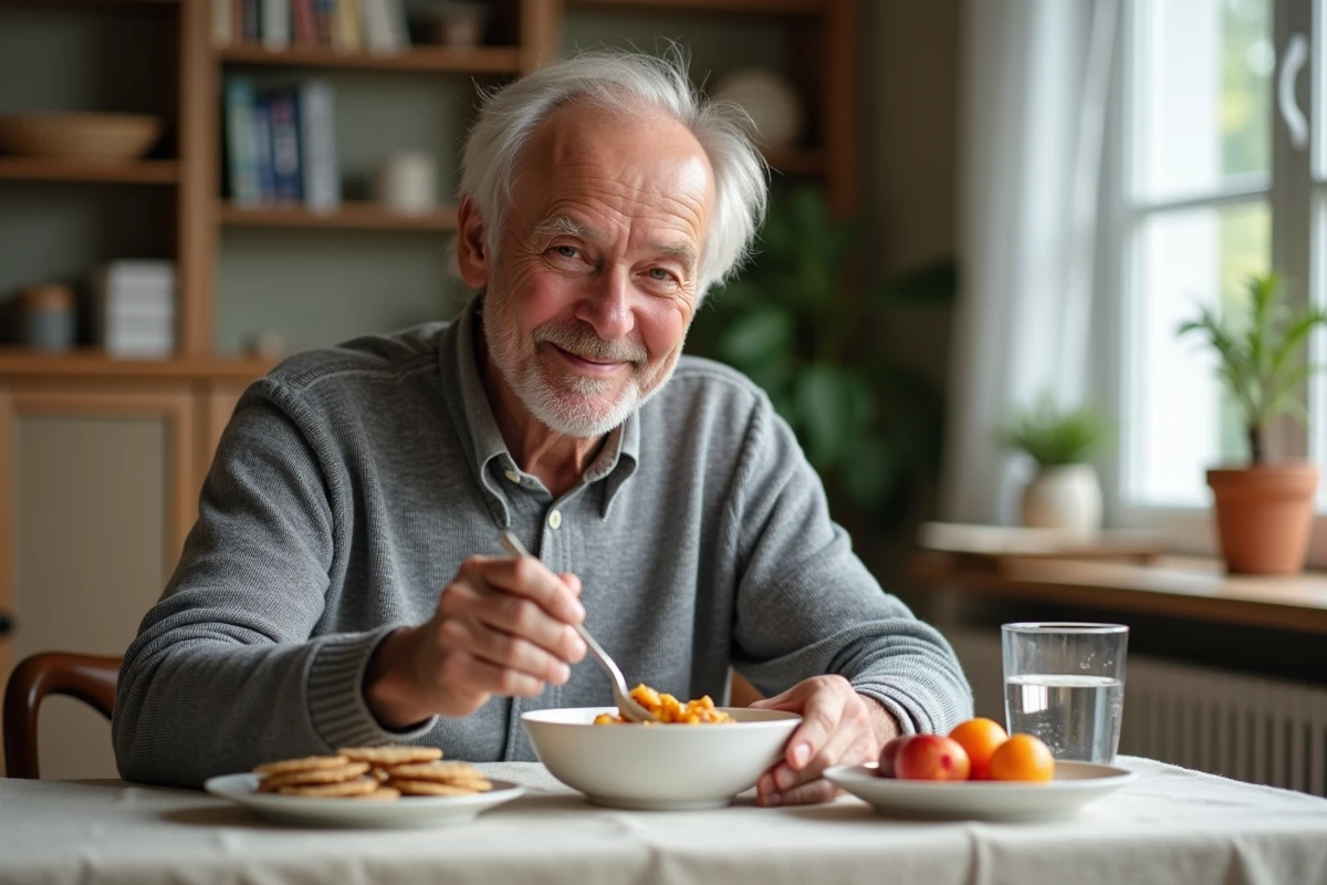 Homme âgé mangeant une compote de fruits pour améliorer son transit et lutter contre la constipation au quotidien