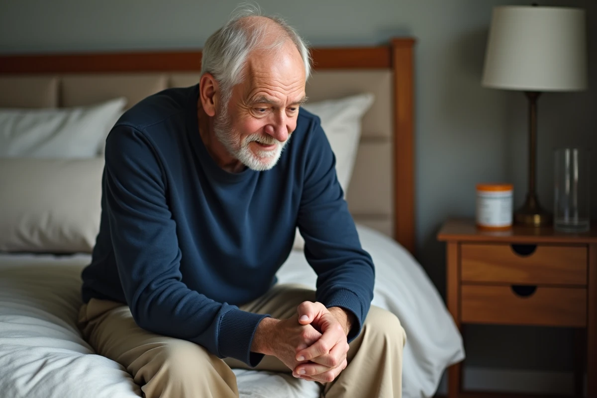 Homme âgé assis sur le bord de son lit, souffrant de douleurs neuropathiques, avec un pilulier sur la table de nuit