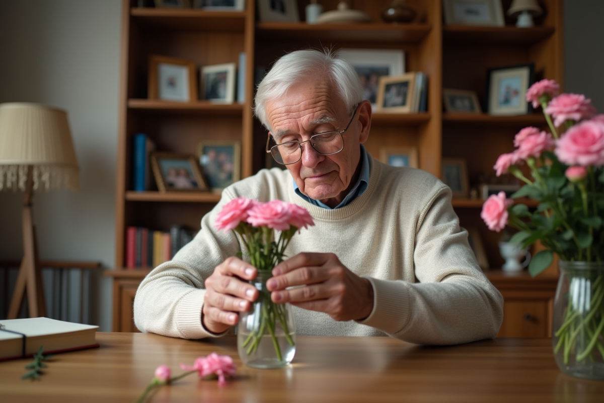 Homme âgé arrangeant des œillets roses dans un vase