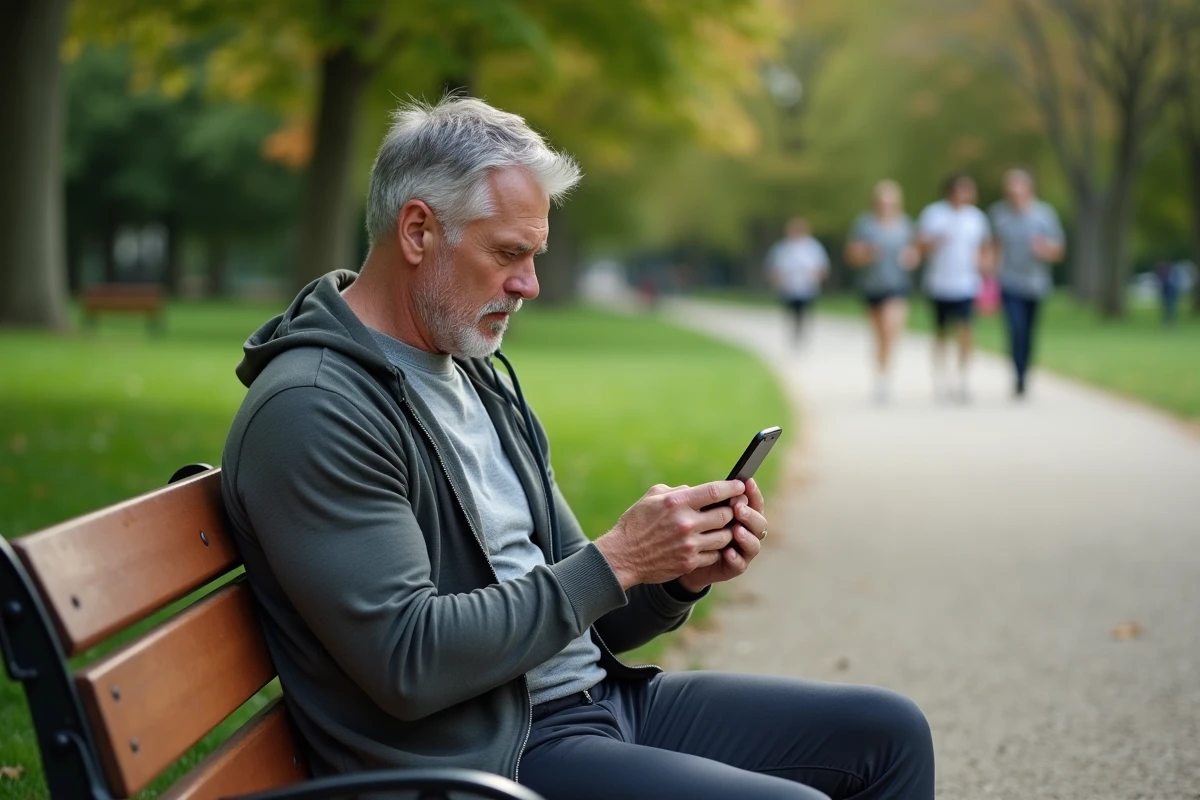 Homme sportif regardant son téléphone avec un plan repas dans un parc