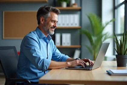 Homme d'âge moyen utilisant un ordinateur au bureau