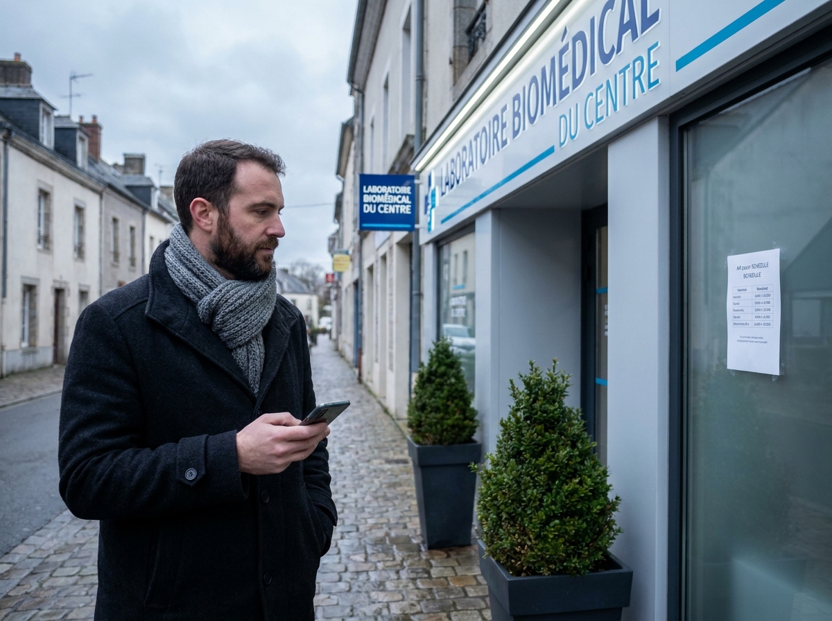 Homme consultant les horaires d'un laboratoire médical sur smartphone devant la vitrine pendant les fêtes