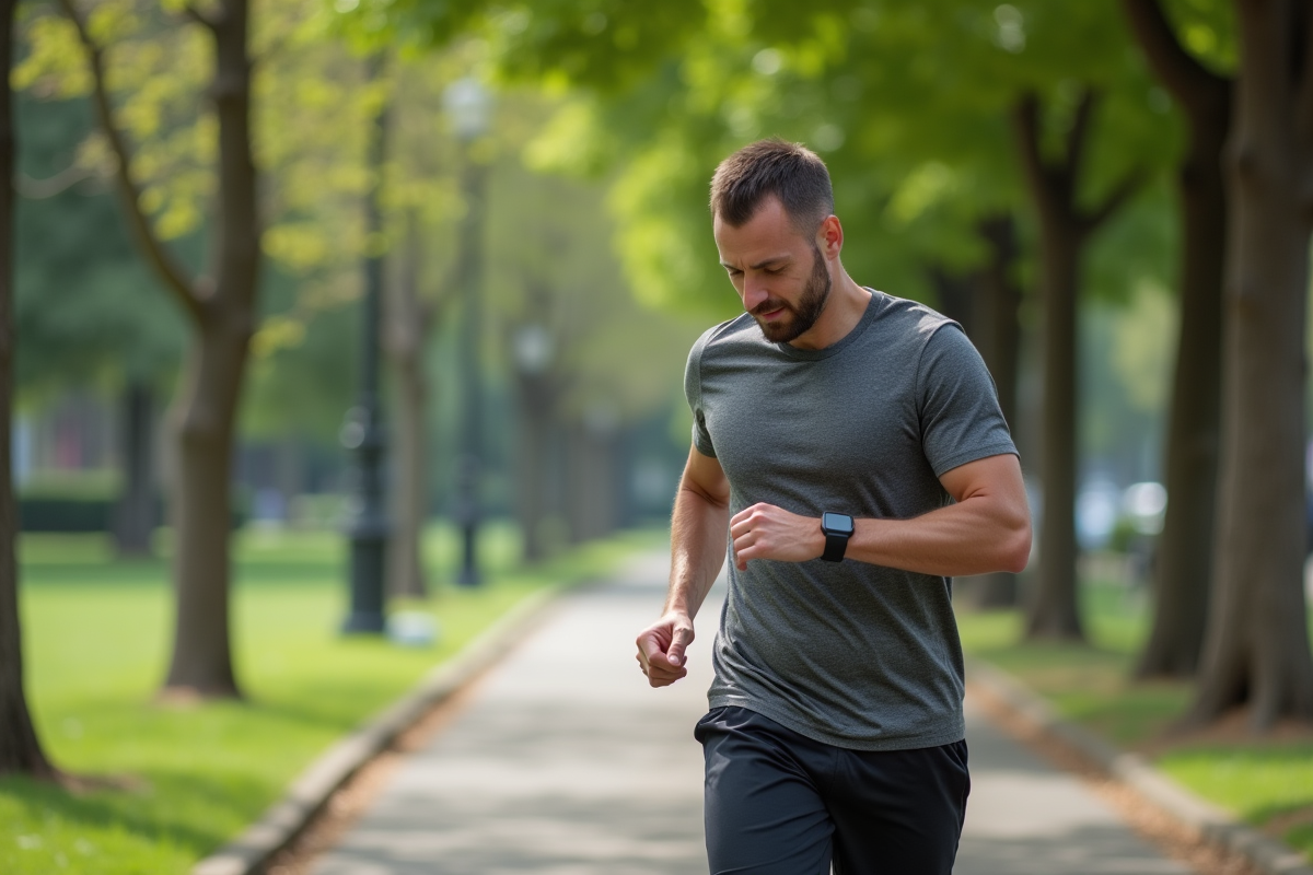 Homme en tenue de sport courant dans un parc urbain verdoyant