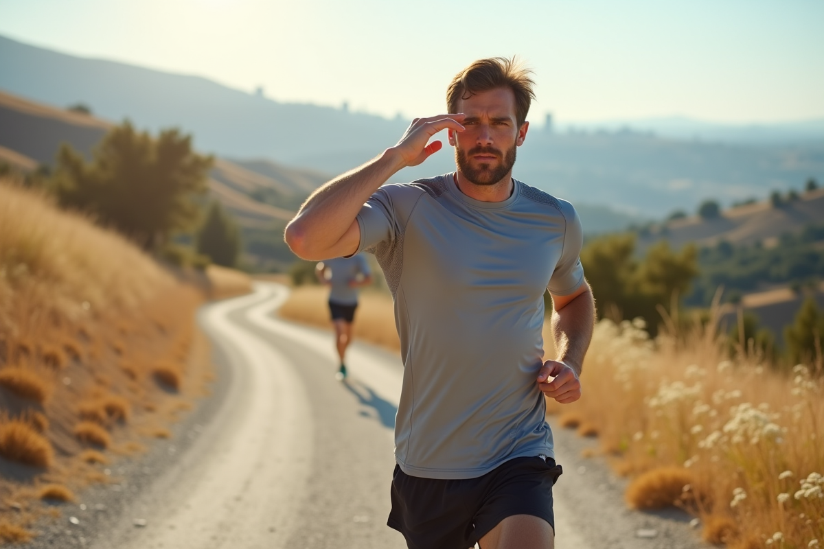 Homme athlétique en plein air essuyant la sueur lors de sa course