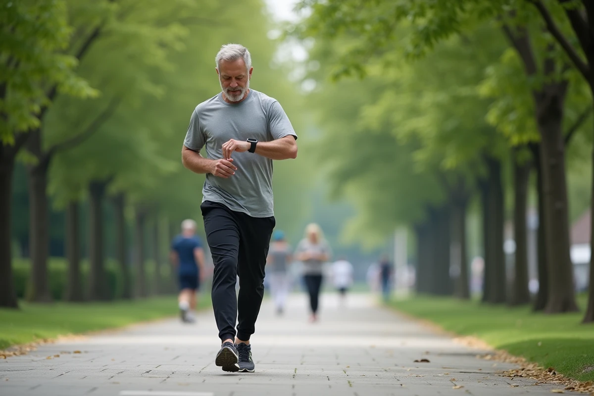 Homme d'âge moyen courant dans un parc urbain avec smartwatch